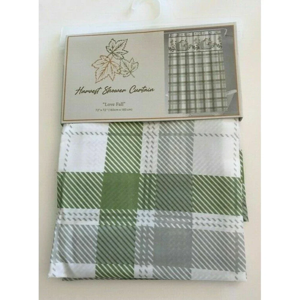 Thanksgiving Pumpkins Plaid Shower Curtain Cloth Fabric Green White 72x72